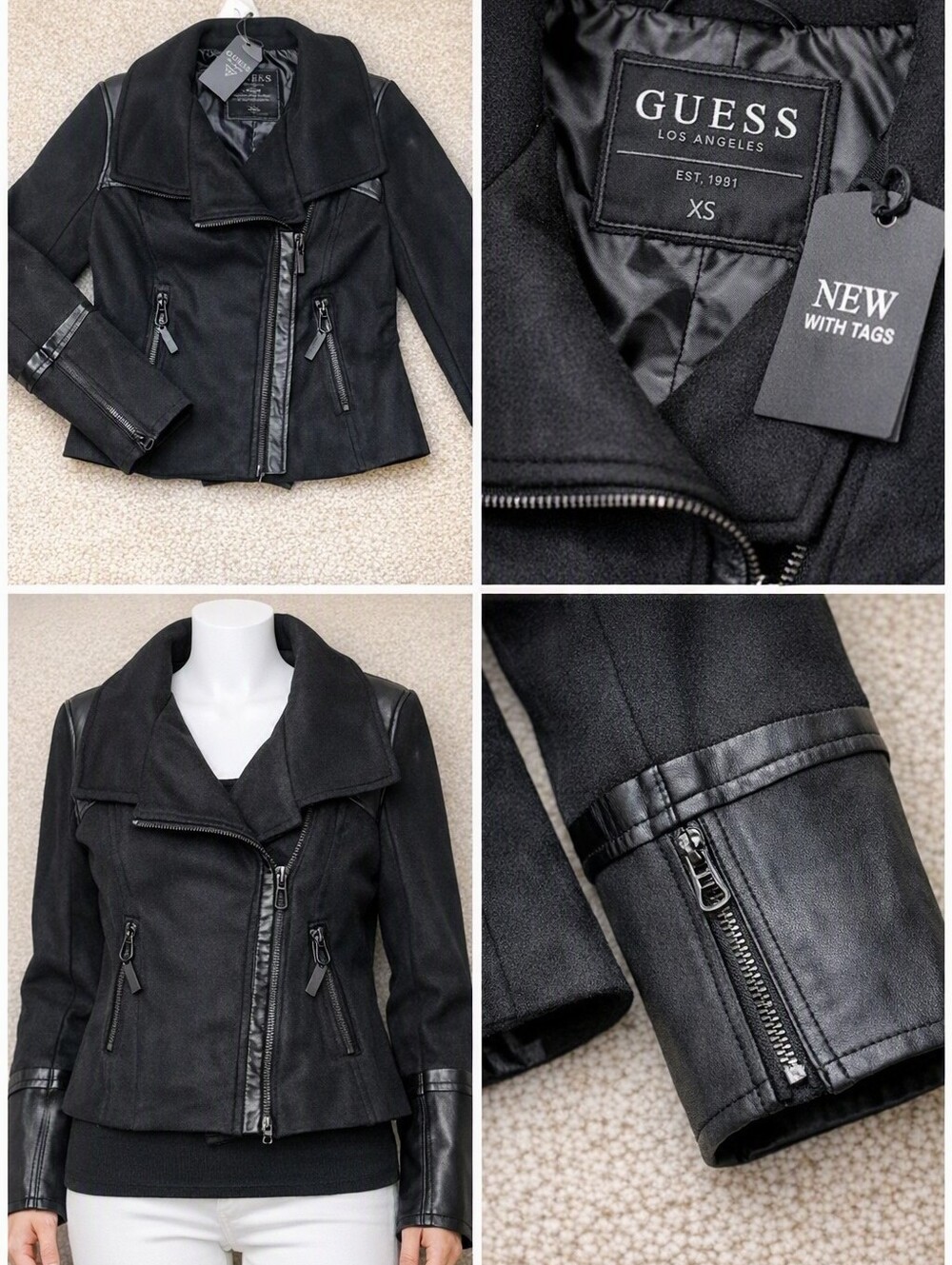 Guess Black Mixed-Media Asymmetrical Zip Women's MOTO JACKET NWT Size Medium